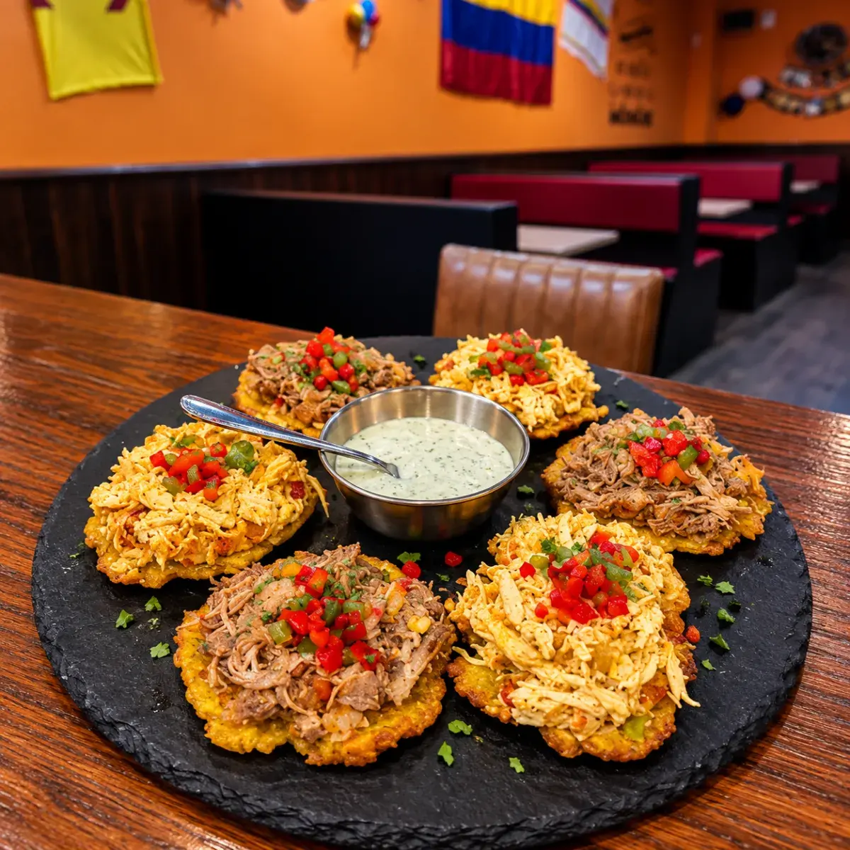 Patacones colombianos servidos en una mesa del comedor de Relaax Colombiano, en Aranjuez